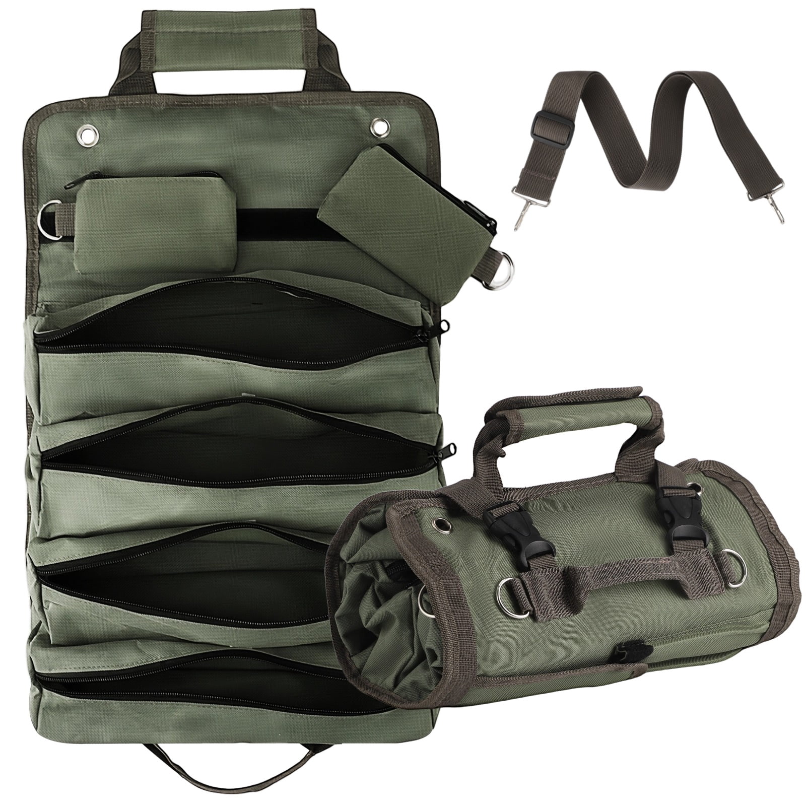 600D Oxford Roll Up Tool Bag, Heavy Duty Tool Roll Organizer with 4 Fixed Large Compartments, 2 Detachable Pouches, 5 Pockets, Portable Toolbag for Electrician, Mechanic