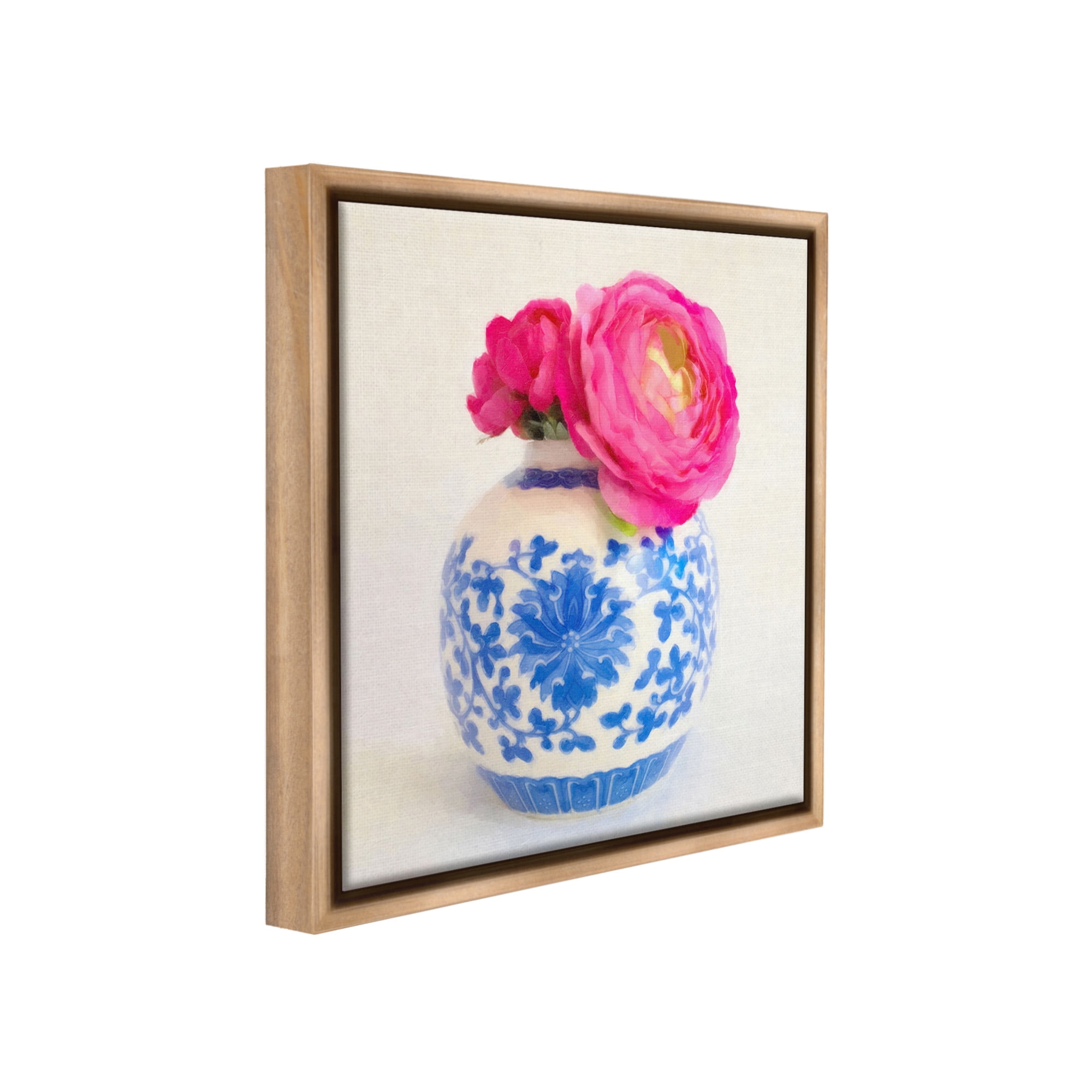 Stupell Industries Pink Bloom & Ornate Vase Botanical & Floral Painting Brown Floater Framed Canvas Art Print Wall Art, 18 x 18