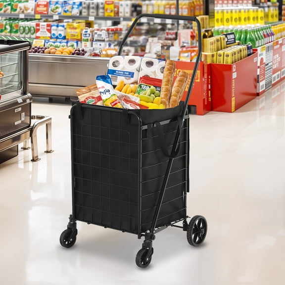 Uforic Folding Shopping Cart with Waterproof Liner, Collapsible Utility Cart with Wheels, Portable Grocery Cart for Seniors, Shopping, Laundry, Storage, Camping