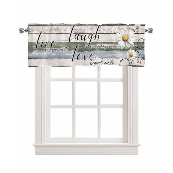 White Green Blue Kitchen Valances for Windows Farmhouse Linen Window Valance Curtain for Living Room Window Treatment Vintage Wooden Rustic White Daisy Floral Valance Rod Pocket Topper, 42 x 18 Inch