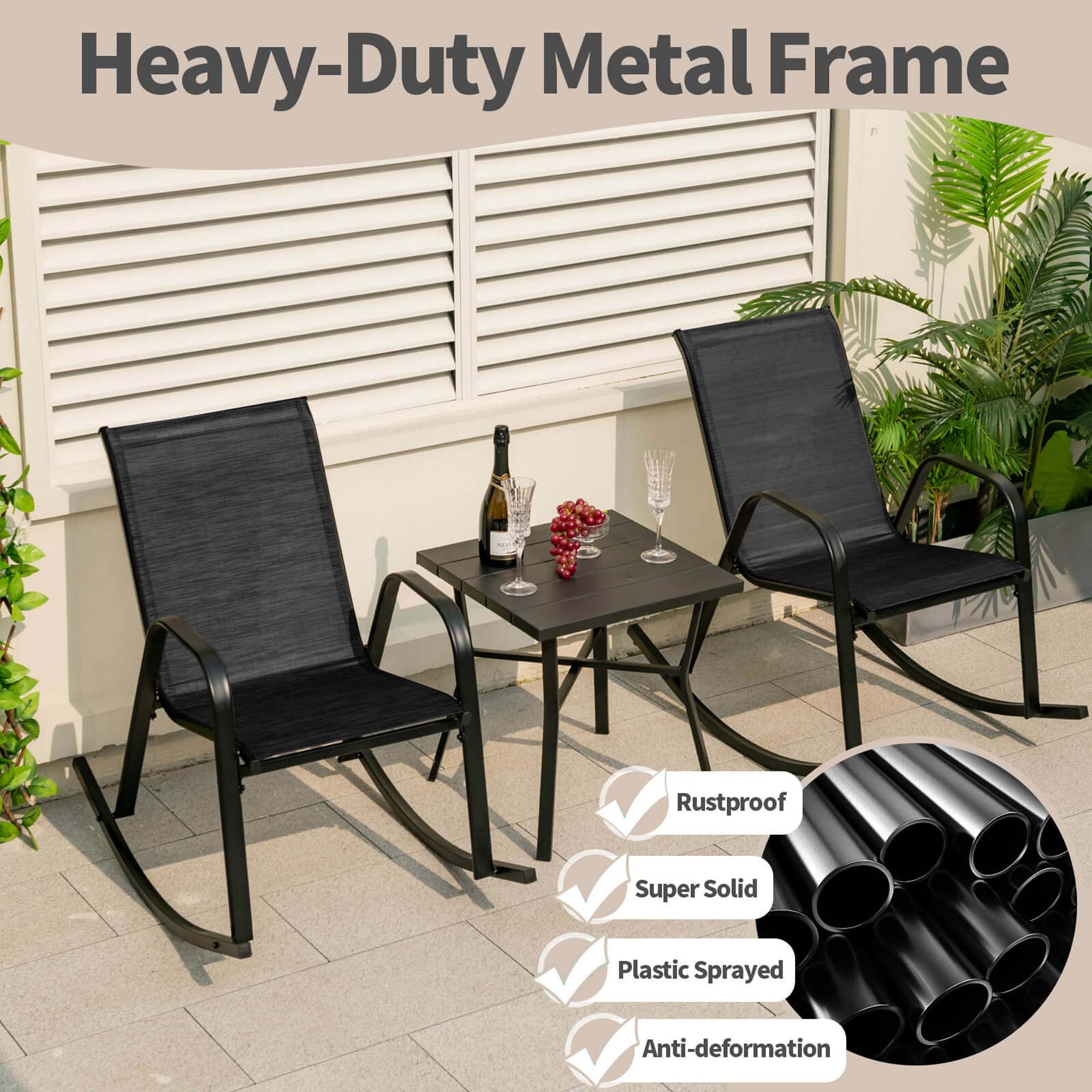 Costway 2 PCE Patio Rocking Chair Heavy-Duty Metal Rocker Outdoor Anti-Slip, Black (Set of 2)