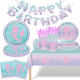 thumbnail image 1 of Vajilla para fiesta temática de sirena de cumpleaños, plato de papel, vaso de papel, mantel de seda, bandera para tirar, cuchillo, tenedor, cuchara, 1 of 5