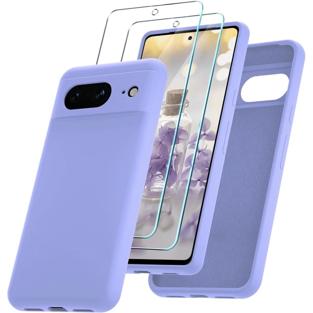 KOMI for Google Pixel 8 Case, Silicone Phone Case with 2 Screen Protector, Soft Anti-Scratch Microfiber Lining, Full Body Shockproof Slim Cover Support Wireless Charging, Lavender Purple