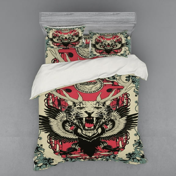 Animal Duvet Cover Set, Abstract Gothic Drawing of a Leopard Head with Horns and Wings Floral Ornaments Art, Bedding Set with Shams and Fitted Sheet, 3 Sizes, by Ambesonne