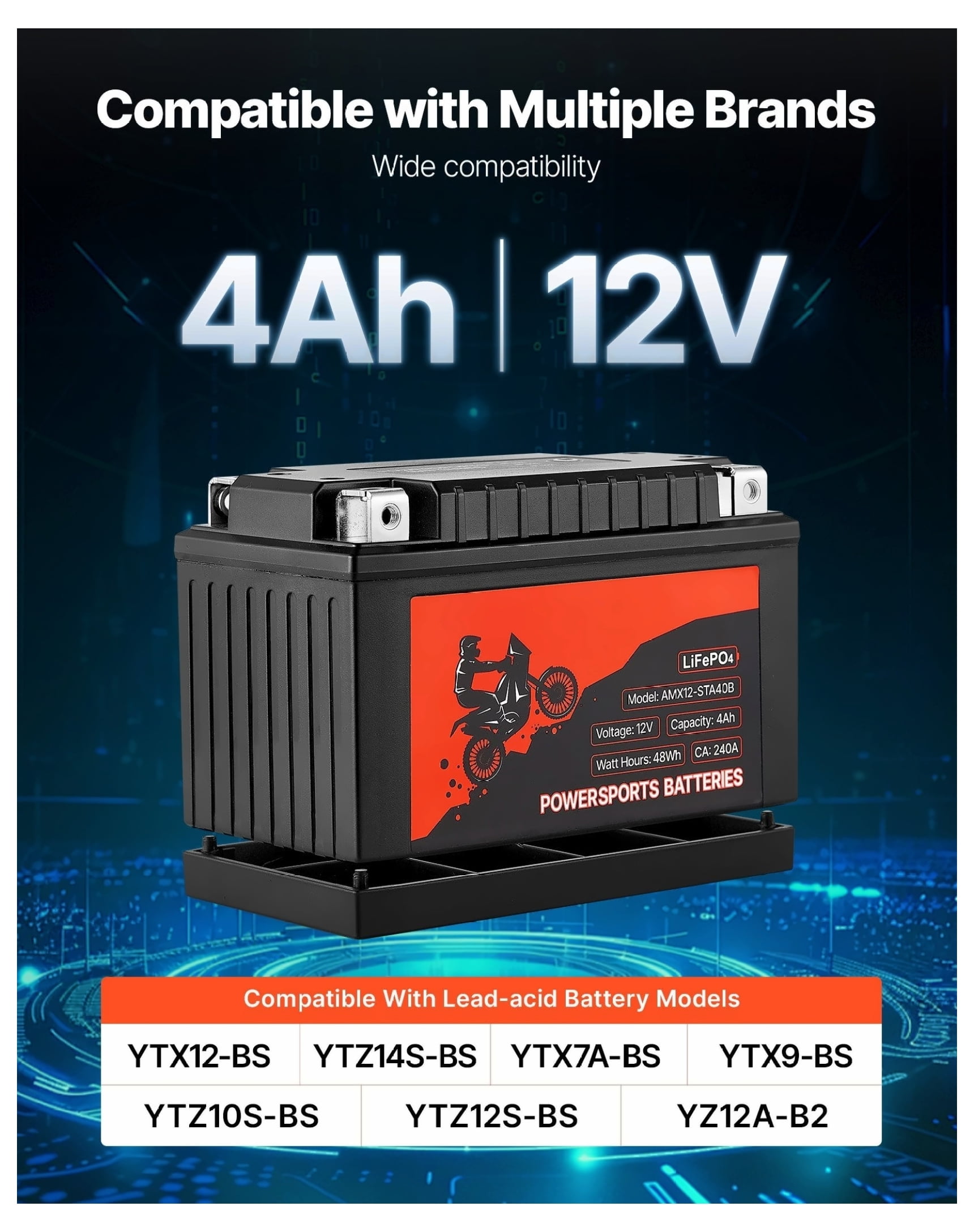 Motorcycle Battery 12V 4Ah YTX12-BS Powersports Battery - High Performance, ATV, Scooter, Snowmobile Replacement