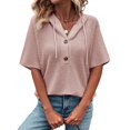 thumbnail image 2 of Blusas de Verano para Mujer, de Punto Gofre, de Corta, con Cordón, Sudaderas con Botones y Cuello en V, Blusas Informales, Camisas. Rosa XL, 2 of 9