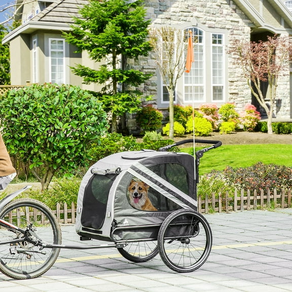 Aosom 2-in-1 Pet Bike Trailer for Small Dogs, Road-Visibility Bicycle Stroller, Weather-Strong Bike Wagon Trailer Sidecar Attachment, Gray