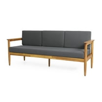 GDF Studio Plumb Outdoor Acacia Wood 3 Seater Sofa with Cushions, Teak and Dark Gray