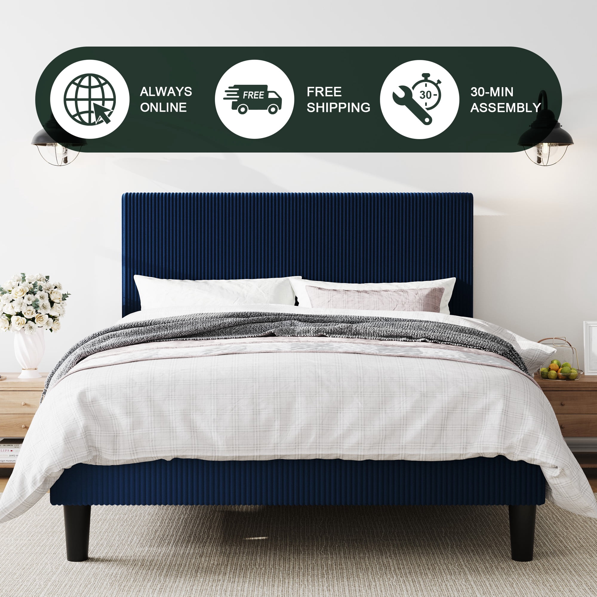 Amolife Full Size Platform Bed Frame with Corduroy Fabric Upholstered Adjustable Height Headboard, Black