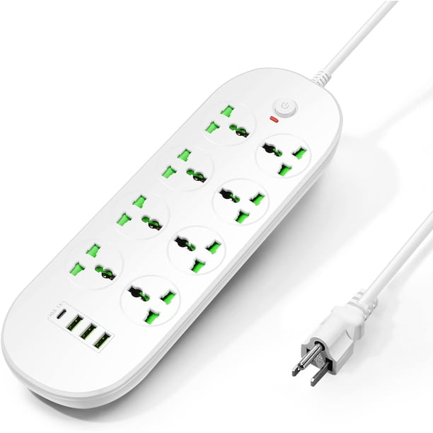 Regleta De Alimentación con 8 Salidas 3 USB 1 Tipo C, Regleta Multicontacto, Protector de Sobretensión, Puerta de Seguridad para niños, Cable de Extensión de 2M - Blanco