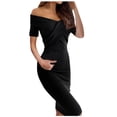 thumbnail image 2 of DPTALR Femmes Couleur Unie sur Épaule Manches Courtes Cross Wrap Robe Côtelée, 2 of 5