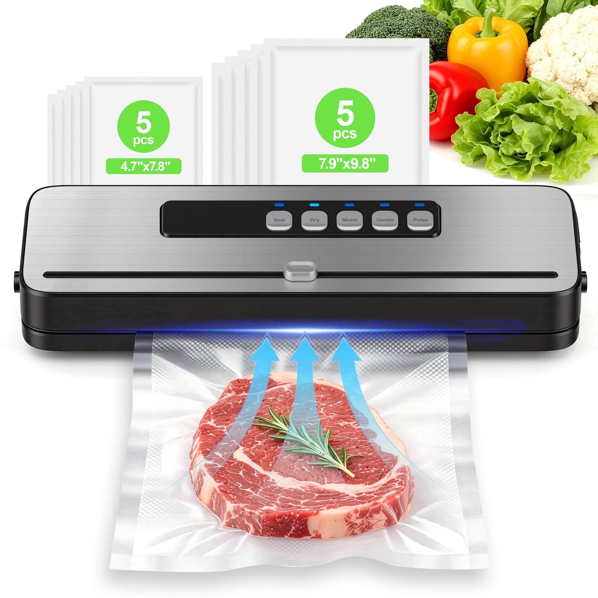 RUIE Vacuum Sealer Machine for Food with 20 Bags,60KPa Automatic Air Sealing Food Saver with Dry and Moist Food Modes,Led Indicator Lights, Easy to Clean, Compact Design