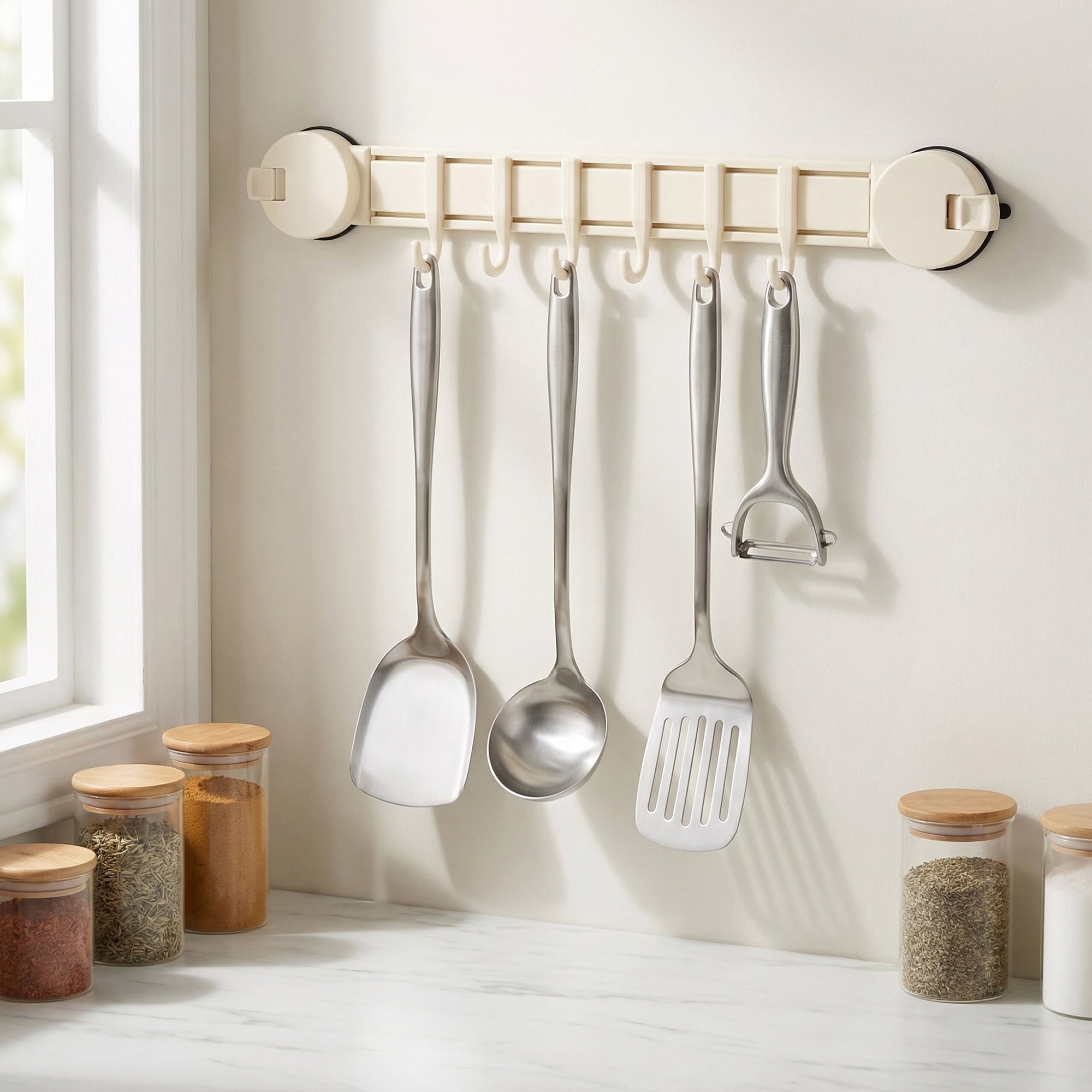 Unique Bargains Coat Rack Wall Mount Suction Cup 6 Hooks for Entryway Milk White