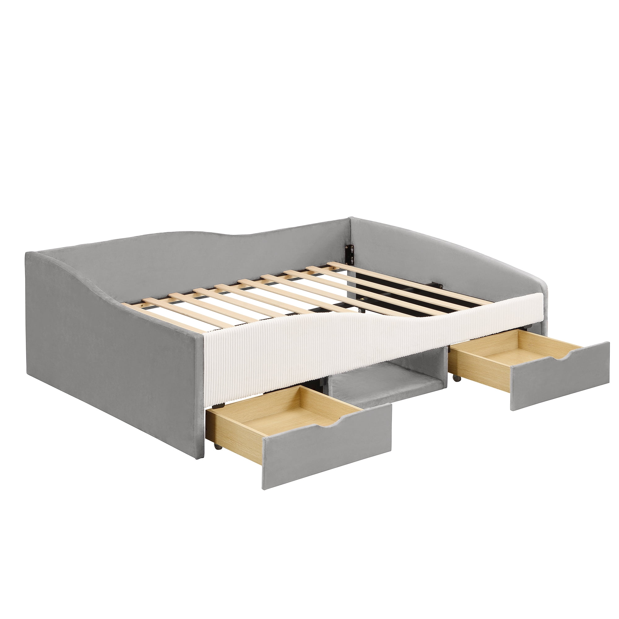 Mintazer Full Size Cool Upholstered Daybed Frame with 2 Storage Drawers & Open Shelf & Guardrail for Kids Boys Girls, Gray