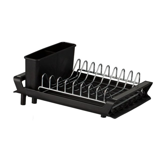 Escurridor de platos, escurridor de platos expandible para encimera de cocina con soporte para utensilios, escurridor de platos pequeño de acero inoxidable con escurridor para cocina en fregadero