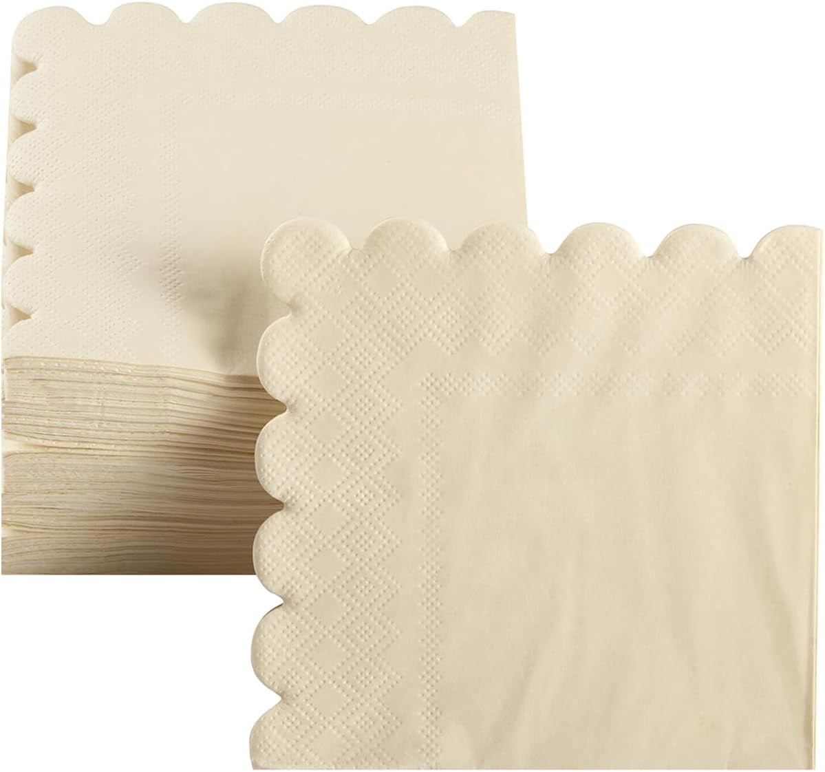 Scalloped 2 Ply Disposable Cocktail Napkins Foldable Thick Paper Napkins for Wedding Birthday Festival Party Dinner Table Decor Milky White 200 Pack