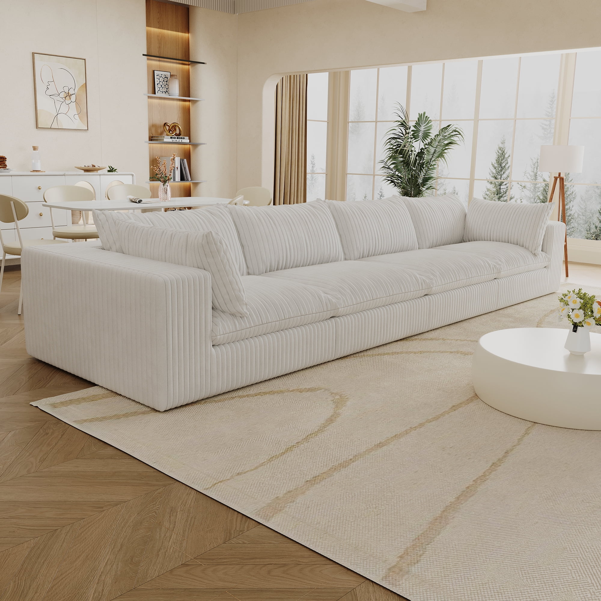 MAYEERTY 157.6" Cloud Sofa White Corduroy Deep Seat Double-Layer Removable Cushion No Assembly Multi-Rooms