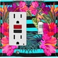 thumbnail image 1 of Metal Light Switch Plate Cover Hibiscus Flower Wreath Teal Stripes FLW032, 1 of 13