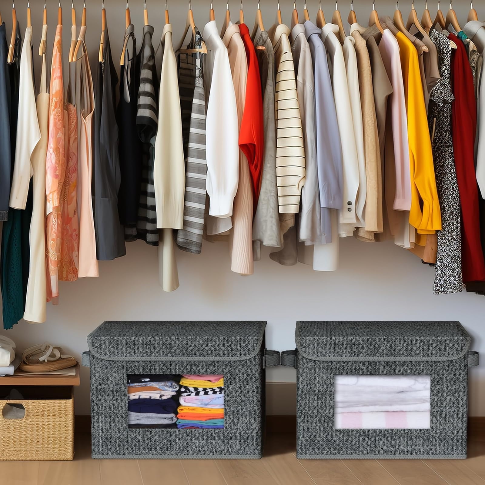 Foldable Storage Boxes with Lids Storage Bins with lid & Carry Handles Stackable Design Closet Storage Containers for Home Clothes