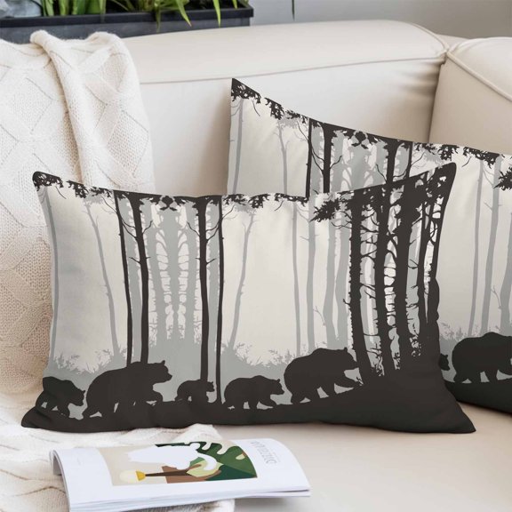 Forest Bear Pillow Covers 20x30 Inch Queen Size, Black Grey Country Farmhouse Nature Tree Decorative Pillowcase with Zipper, Microfiber Pillow Protector, Breathable Pillowcases for Couch Sofa Bed