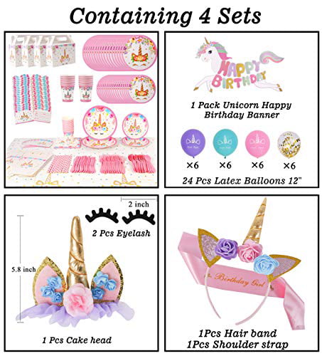 Birthday Decorations Headband Unicorn Birthday Decorations for Girls-Unicorn Party Supplies Set Including Tableware Kit Unicorn Birthday Banner Serves 16 Guests Shoulder Strap,Unicorn Cake Topper Disposable Paper Plates Cups Napkins 