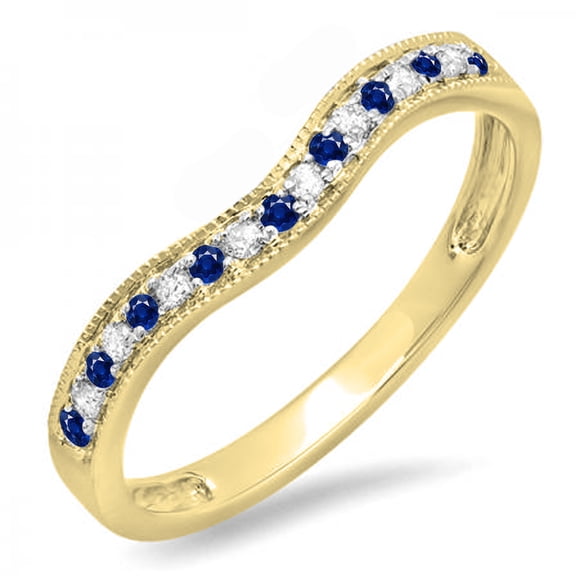 0.15 Carat (ctw) 10K Yellow Gold Round Blue Sapphire & White Diamond Ladies Anniversary Wedding Band Guard Ring