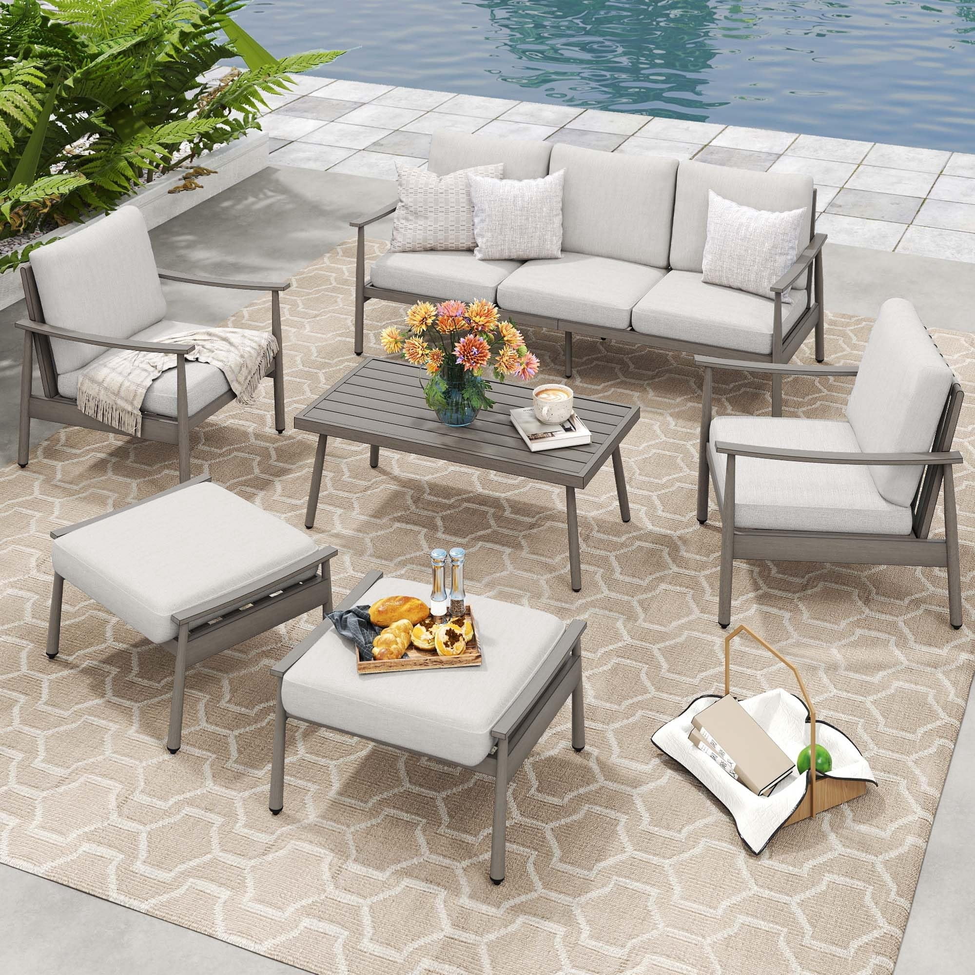 Patio Sofa 3 Seater Outdoor Aluminum Couch with Rope Backrest Thick Cushion All Weather Patio Furniture for Deck Backyard Porch, Gray