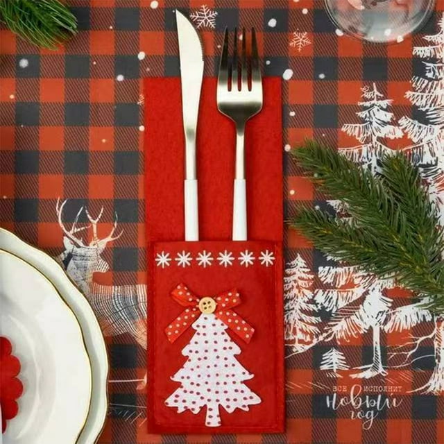 4 Pieces/Set Christmas Tree Dinnerware Banquet Decoration Candy Packing Holder Bag Cutlery Storage Pouch Decoration Organizer Fork Spoon Festival Party Red