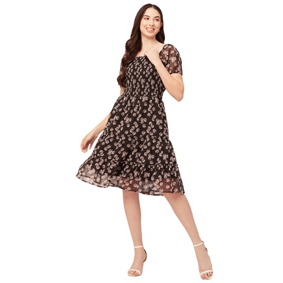 Moomaya Womens Printed Smocked Dress Knee Length Summer Dress