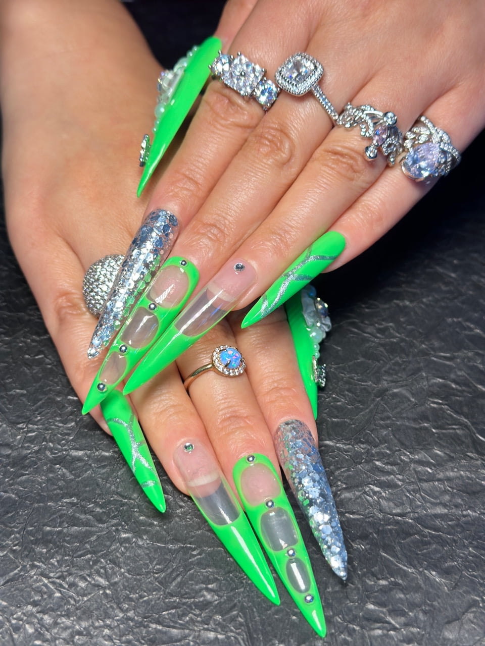 10PCS Neon Green Transparent Stiletto Press-On Nails with 3D Rhinestones & Glitter Extra Long Sculpted Design
