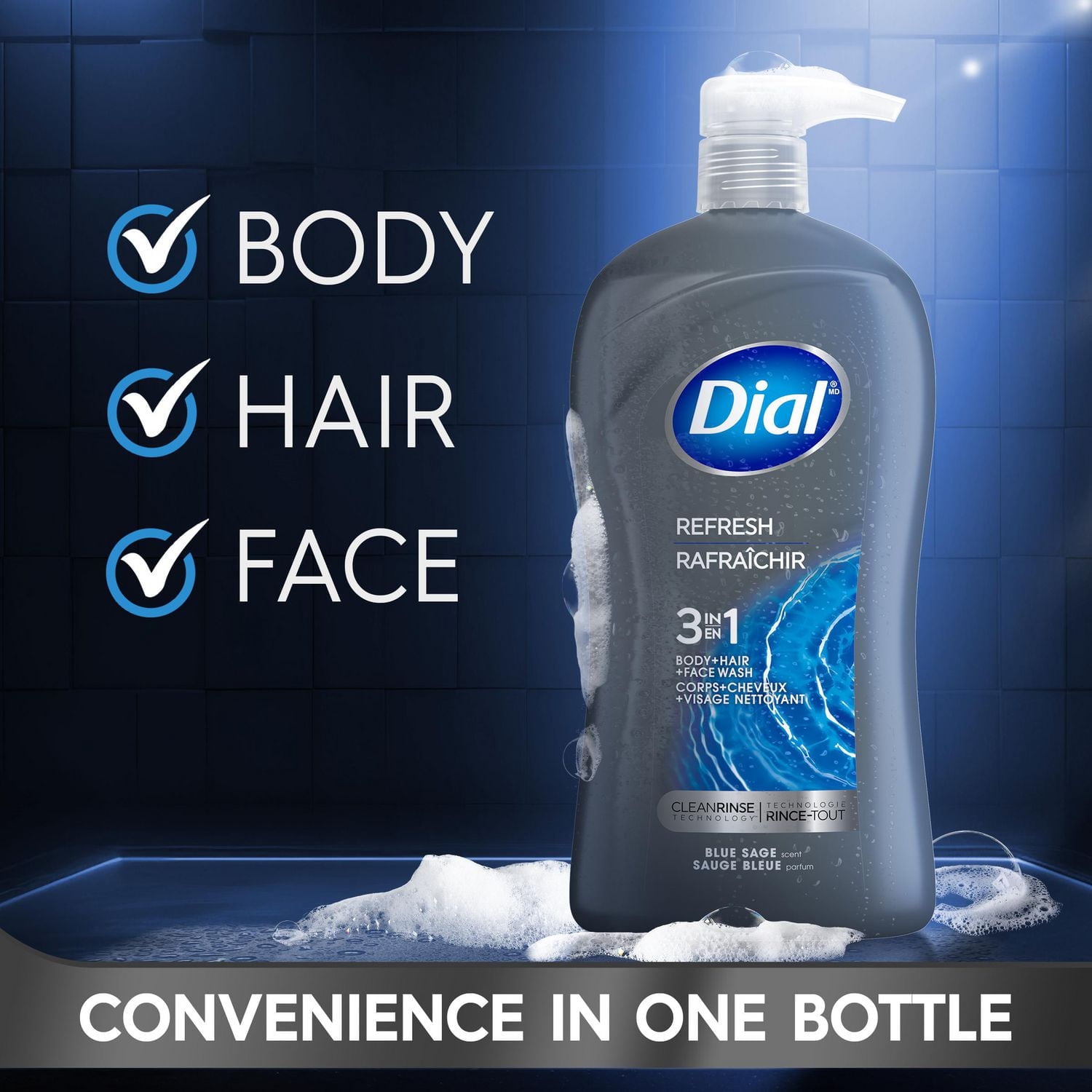 Dial Men 3in1, Body, Wash, Hair Wash, Face Wash, Blue Sage Scent, 473ml, Dermatologist Tested, Free from Silicones, Parabens, Phthalates, 1 bottle, 946mL