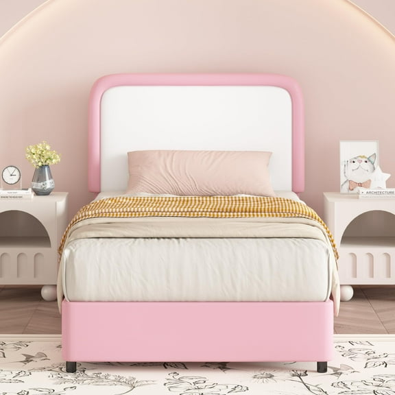 4 EVER WINNER Twin Size Bed Frame, Upholstered Platform Bed Frame with Curved Headboard, Low Profile Bed Frame, Soft Rounded Corners & Footboard, White & Pink
