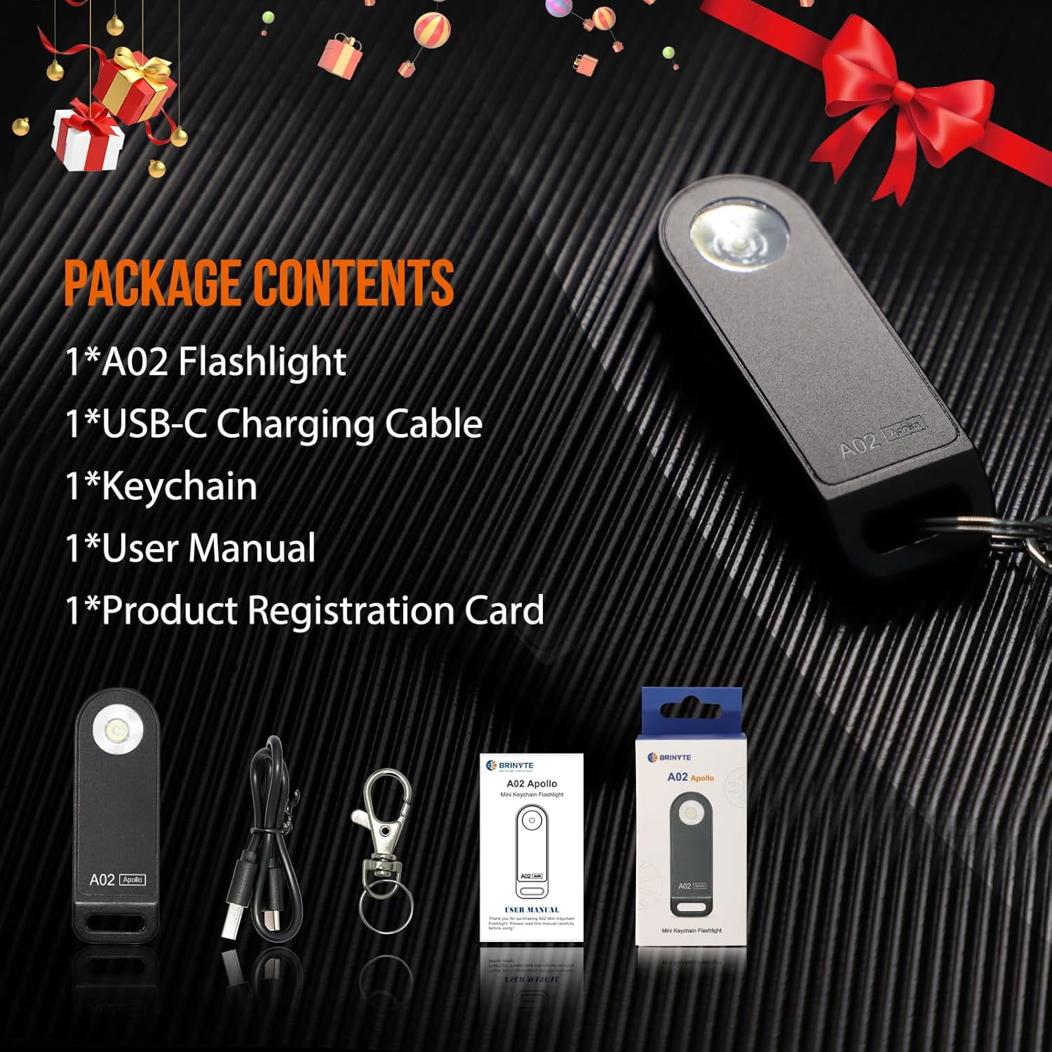 Brinyte A02 Mini EDC Keychain Flashlight Rechargeable USB-C LED Key Chain Light 125 Lumens Bright Tiny Flat Pocket Keyring Light for Camping Hiking Dog Walking Emergency Home Power Outage
