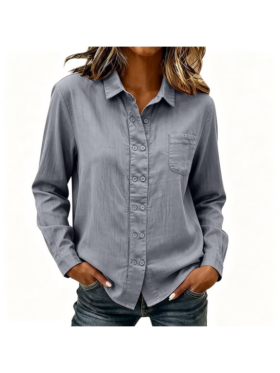 100% Cotton Collar Pocket Button Down Shirt, Loose Long Sleeve Blouse, Soft Breathable Spring Summer Top, Casual Office Travel Layering Tunic