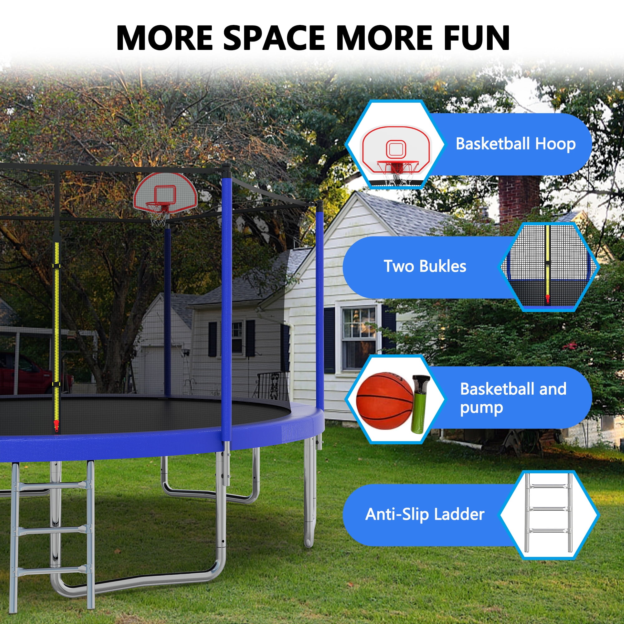 Witaxima 14FT Trampoline for Kids with Safety Enclosure Net, Outdoor Backyard Large Recreational Jumping Mat, Blue, 6 W-Shaped Legs & Galvanized Steel Frame