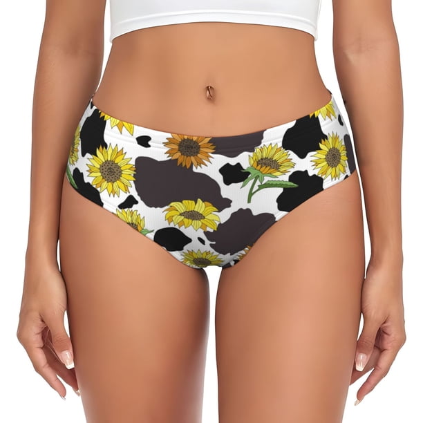 Fotbe Black Cow Sunflowers Calzones Estampados para Mujer – Ropa Interior de Algodón, Cómoda, Suave y Elástica-Medium