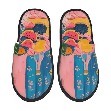 Balery Colorful Summer Fruit Table Slient Indoor Furry Fleece Comfort House Shoes Soft Non-Slip Home Shoes Cotton slippers House Slippers-- Large