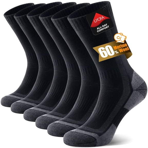 PULIOU Merino Wool Hiking Socks for Men & Women, Thick Cushioned Anti-Blister, Moisture-Wicking, Seamless, 3 Pairs, Black