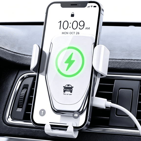 GJX Wireless Car Charger, 15W Fast Charging Gravity Auto-Clamp Car Phone Holder Charger, Phone Mount for Car Fit for Iphone 17 Pro Max/17/16/15/14/13/12/11/X, for Series, White