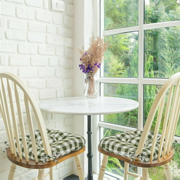 2 Pack Country Farmhouse Plush Buffalo Plaid Checkered Chair Cushion Pads With Tear Proof Ties - Sage Green/Beige