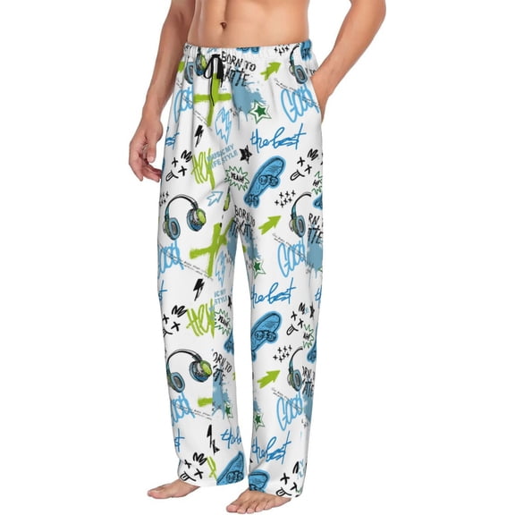 Mens Pajama Pants Bottoms with Pockets - Modern Skateboard Headphones Comfy Mens Pj Pants, Soft Men Lounge Pants