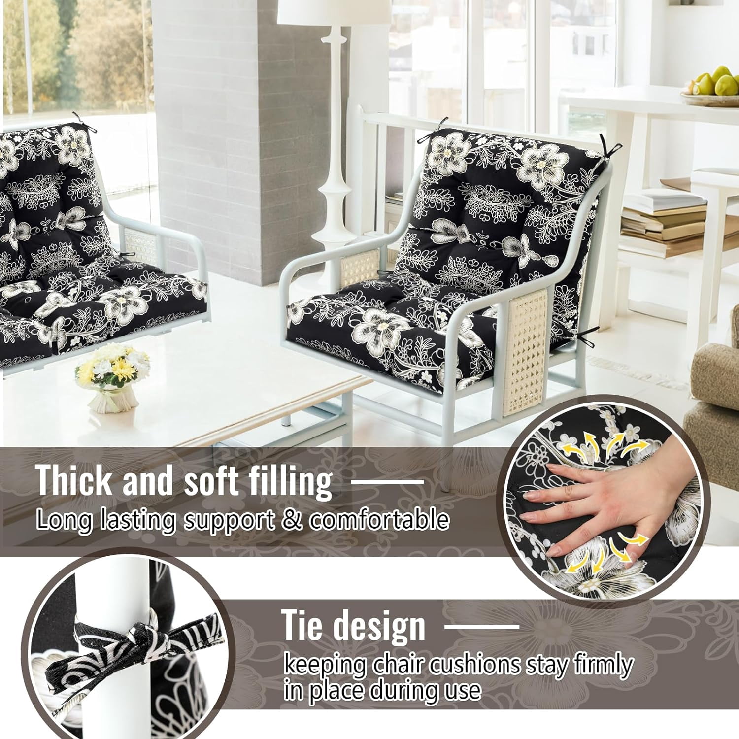 4 Pcs Outdoor Indoor High Back Chair Cushions Patio Furniture Tufted Pillow with Ties Water-Resistant Replacement Outdoor Rocking Chair Cushions, 42 x 21 Inches (Black,Flower)