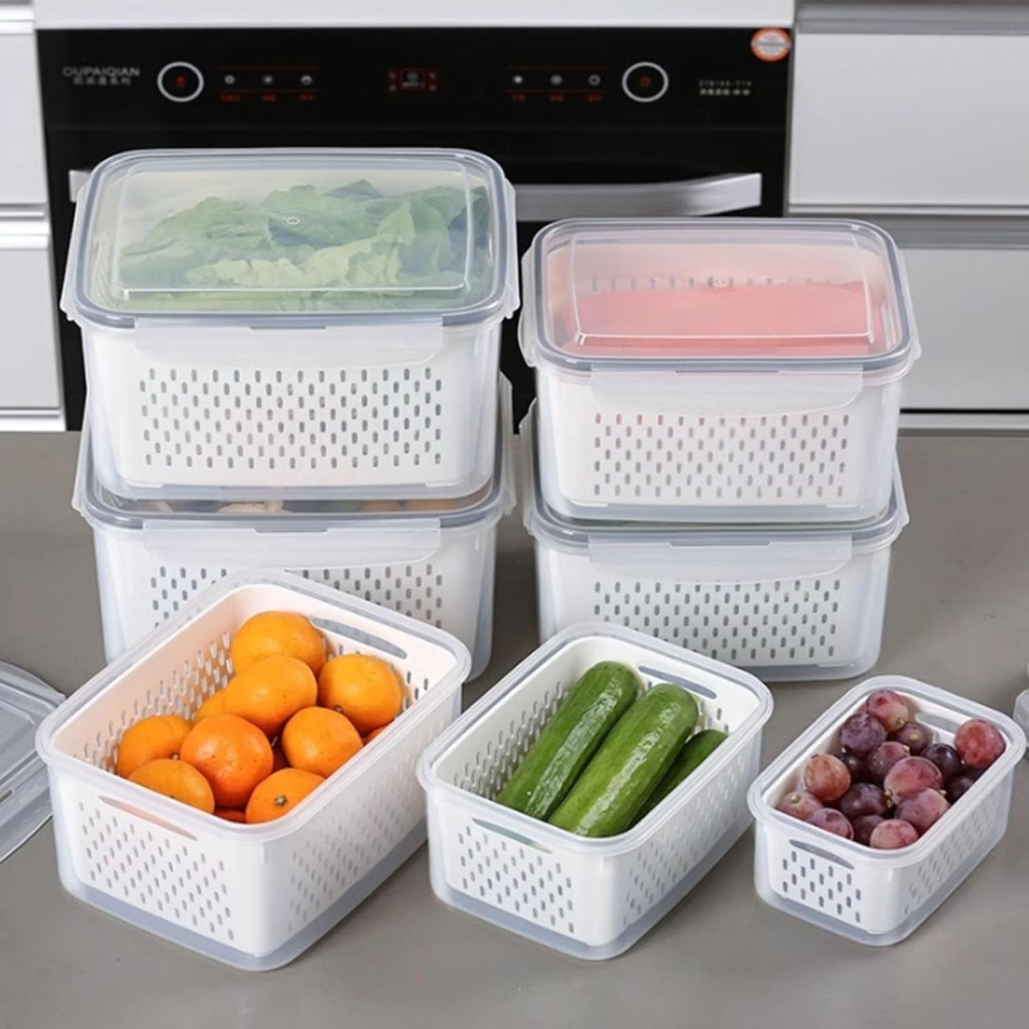 Household Transparent Plastic Food Storage Box-Including Drain Basket, Transparent Plastic Food Storage Box-Including Drain Basket, Large Fruit Containers for Fridge with Removablecolander