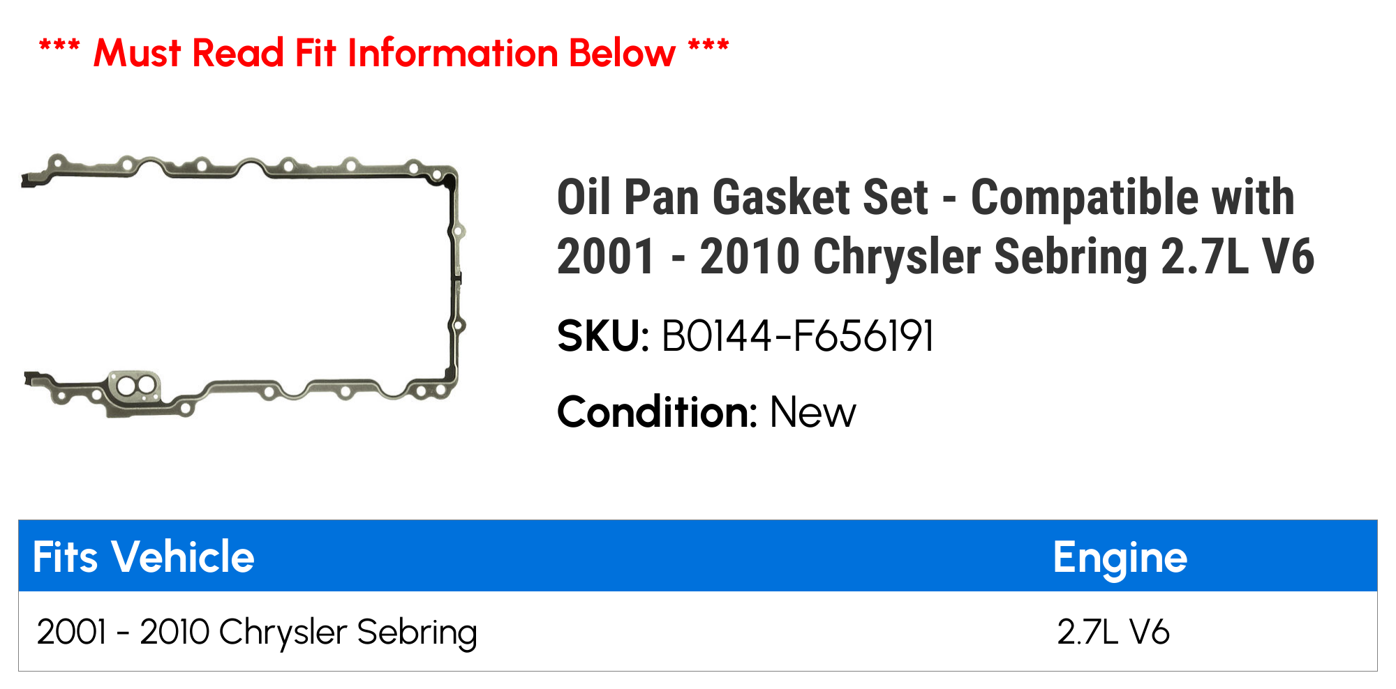 Oil Pan Gasket Set - Compatible with 2001 - 2010 Chrysler Sebring 2.7L V6 2002 2003 2004 2005 2006 2007 2008 2009