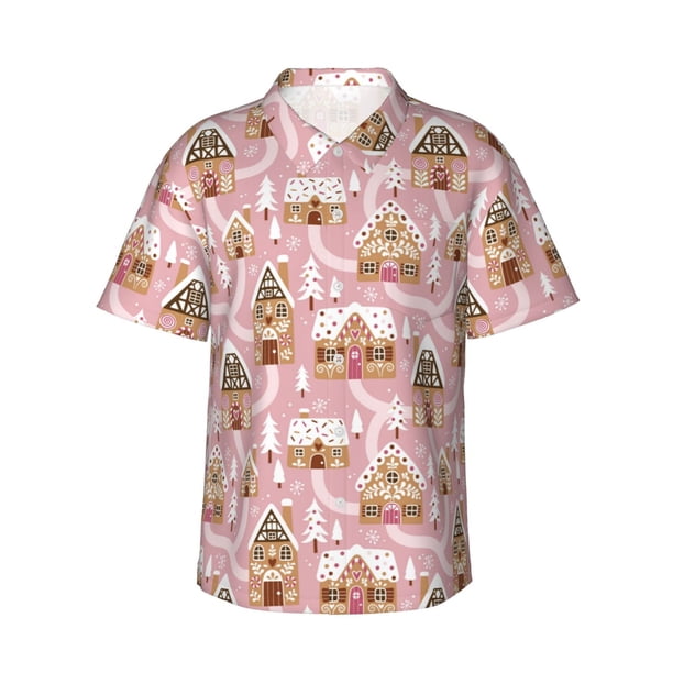 Fotbe Gingerbread Houses Pink Wonderland Camisa Hawaiana para Hombre Unisex – Camisa Casual de Verano con Botones de Manga Corta de Algodón y Lino,X-Large