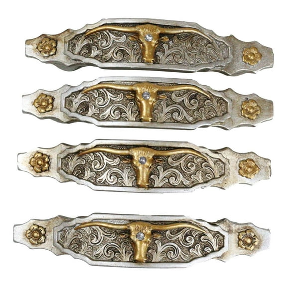 Set Of 4 Western Longhorn Cattle Bull Lace Concho Drawer Cabinet Bar Pulls 6"L