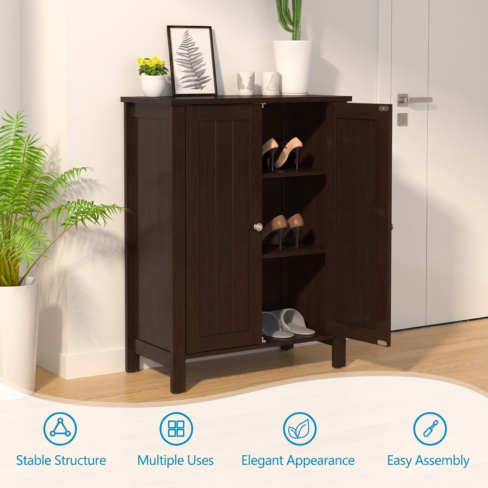Fenbeli 2-Door Bathroom Floor Storage Cabinet, Freestanding Wooden Storage Organizer with 6-Position Adjustable Shelves, Space-Saving Side Cabinet for Bathroom, Brown