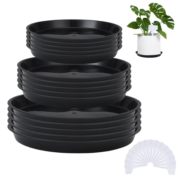 topjuju 15 Pcs Large Plant Saucers, 10/12/14 inches Plastic Plant Trays to Catch Water, Extra Large Plant Saucer with Labels, Heavy Duty Plant Drip Trays for Plant Pots Indoors Outdoors