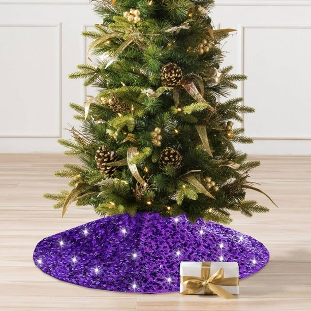 Falda de árbol de Navidad con copo de nieve y lentejuelas - Falda de árbol morado con purpurina para decoración navideña, tallas 18" 24" 48", fibra de poliéster brillante