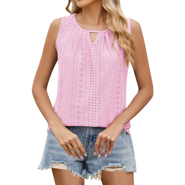 Camiseta sin mangas de color liso con cuello redondo y pliegues de encaje para mujer - Detalles femeninos, lavable a máquina, tallas S-XXL, contorno de pecho 93-119 cm